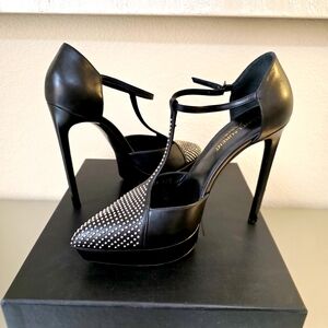 YSL Saint Laurent Black Studded Leather Platform Stiletto Strap Heels EU 38.5